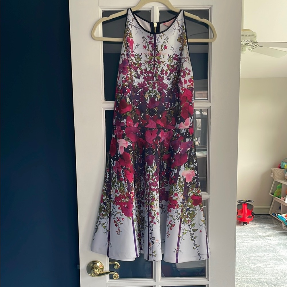 Ted Baker Black and Pink A-Line Cocktail Dress with patent leather belt